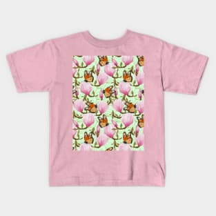 Magnolia Flowers With Butterflies On Green Background Kids T-Shirt